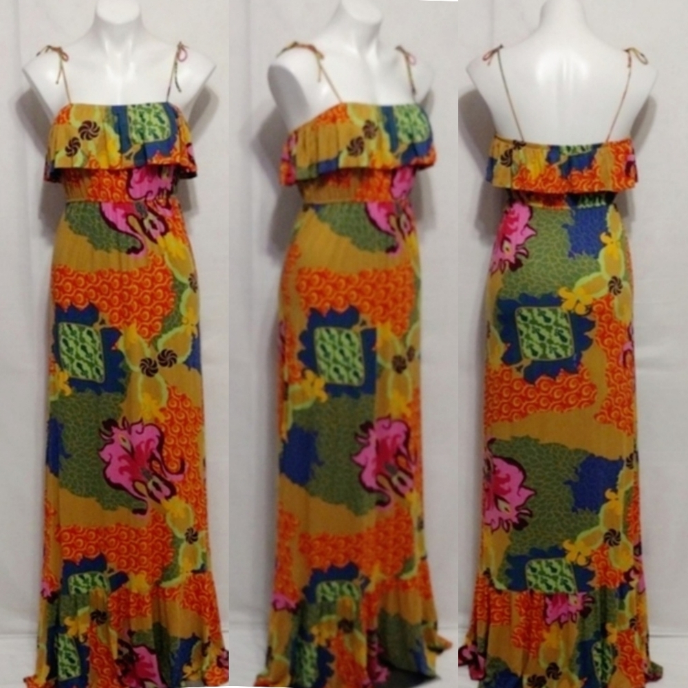 Voom by Joy Han Boho Abstract Patchwork Maxi Dress S Flouncy Neckline Festival